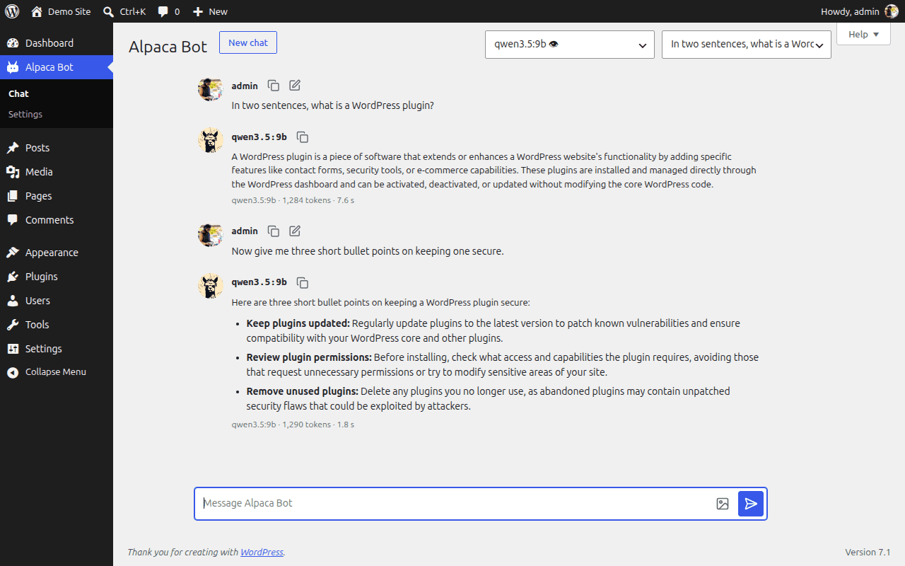 Alpaca Bot chat screen in wp-admin with streamed replies and per-reply receipts