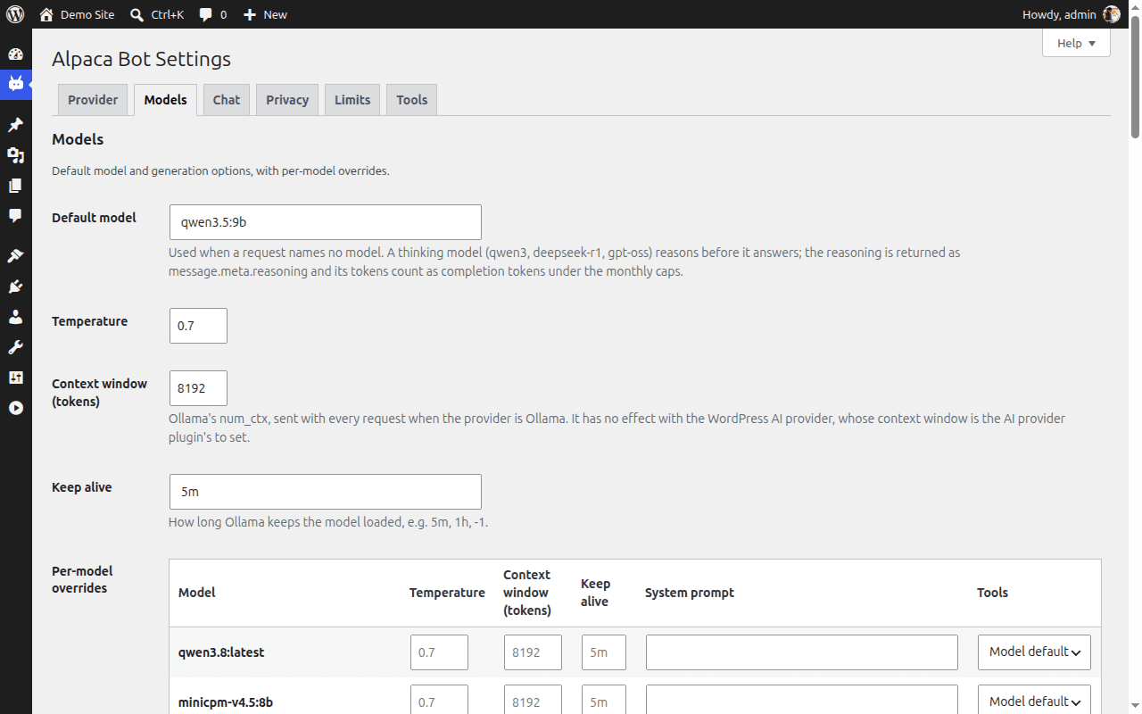 Alpaca Bot Settings, Models tab with per-model overrides