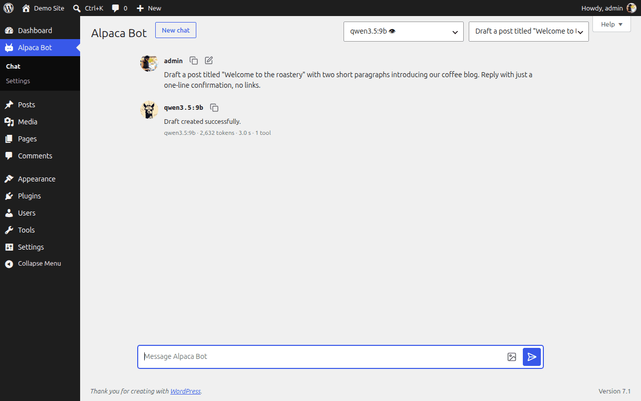 An Alpaca Bot reply that used the draft_post tool